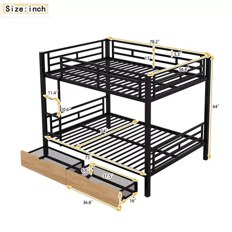 Metal Full over Full Bunk Bed with Storage Drawers, Black