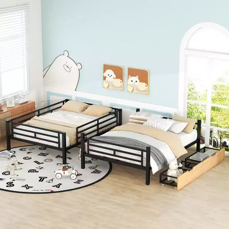 Metal Full over Full Bunk Bed with Storage Drawers, Black