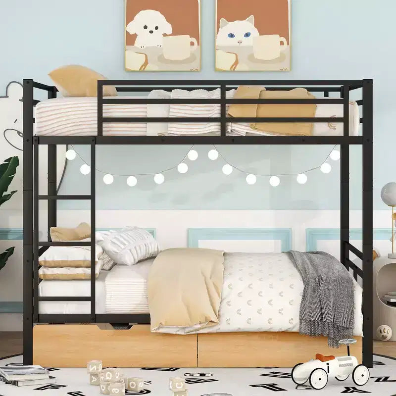 Metal Full over Full Bunk Bed with Storage Drawers, Black