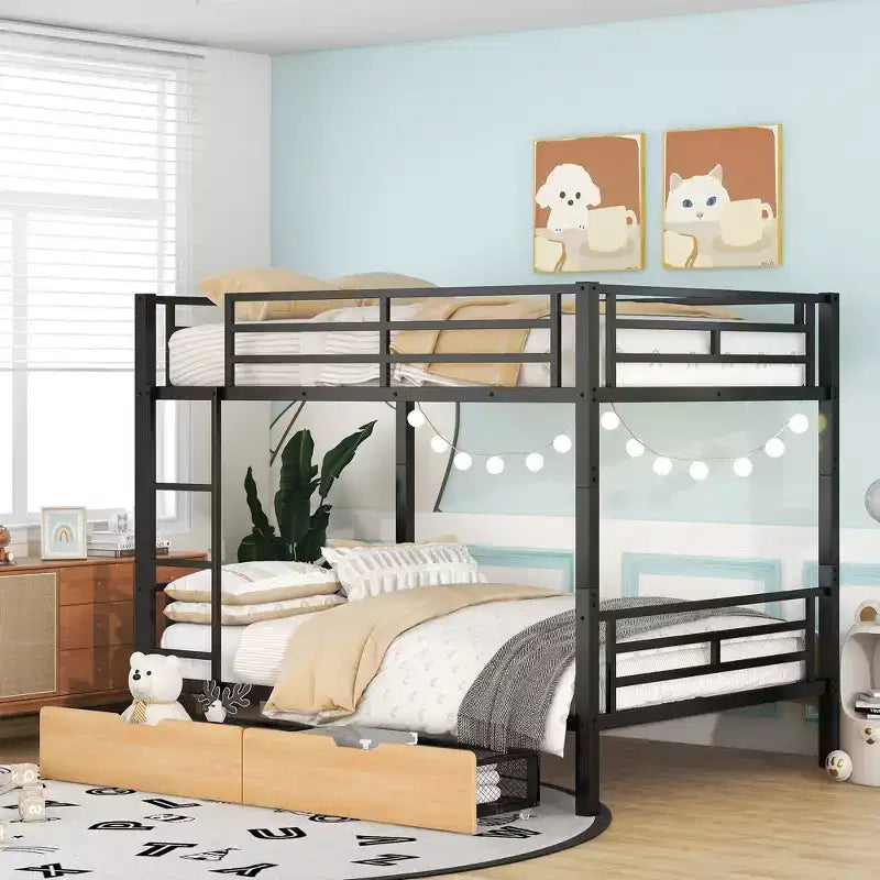 Metal Full over Full Bunk Bed with Storage Drawers, Black