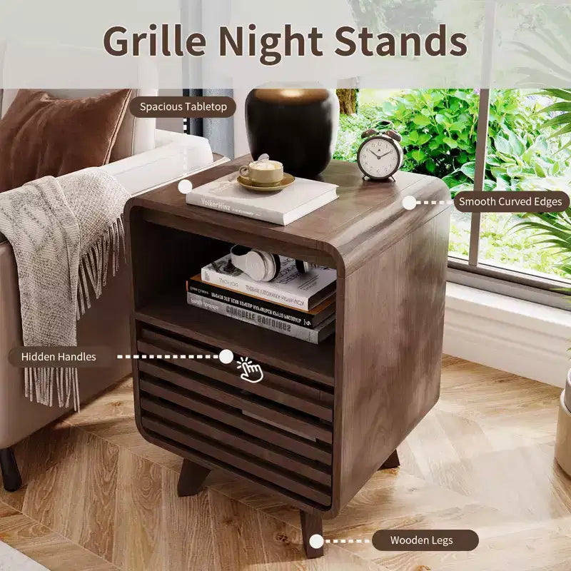 Nightstand with Drawer Storage Grille Bed Side Table