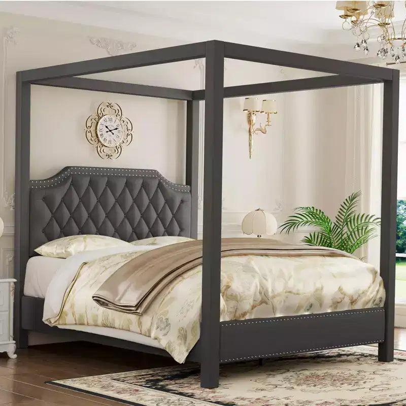 Upholstered Canopy Bed Frame Full Size with Headboard, Button Tufted, Nailhead Trim Design, No Box Spring Required
