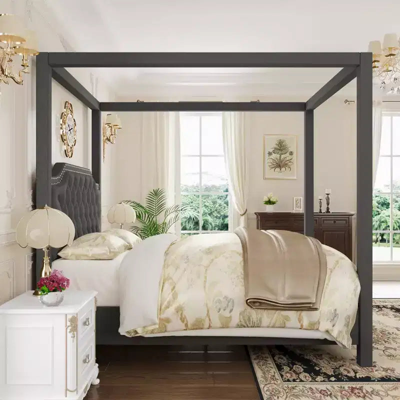 Upholstered Canopy Bed Frame Full Size with Headboard, Button Tufted, Nailhead Trim Design, No Box Spring Required