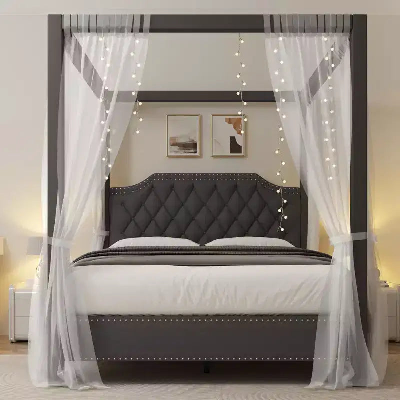 Upholstered Canopy Bed Frame Full Size with Headboard, Button Tufted, Nailhead Trim Design, No Box Spring Required