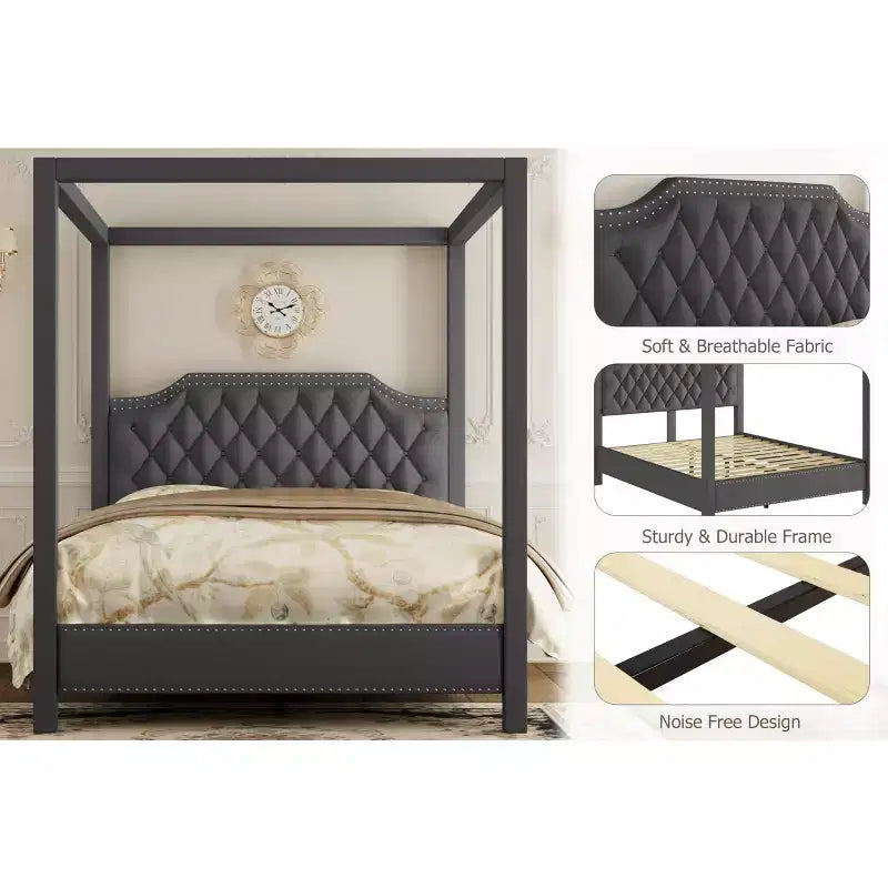 Upholstered Canopy Bed Frame Full Size with Headboard, Button Tufted, Nailhead Trim Design, No Box Spring Required