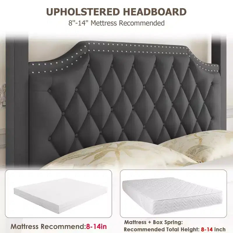 Upholstered Canopy Bed Frame Full Size with Headboard, Button Tufted, Nailhead Trim Design, No Box Spring Required