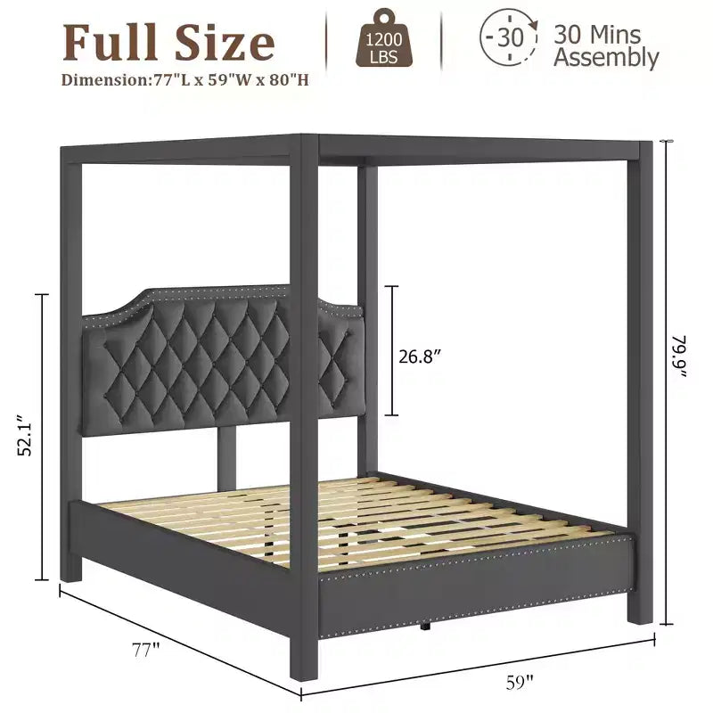 Upholstered Canopy Bed Frame Full Size with Headboard, Button Tufted, Nailhead Trim Design, No Box Spring Required