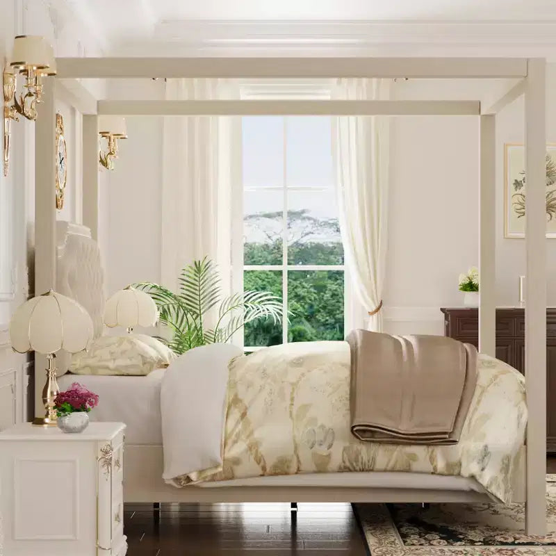 Upholstered Canopy Bed Frame Full Size with Headboard, Button Tufted, Nailhead Trim Design, No Box Spring Required