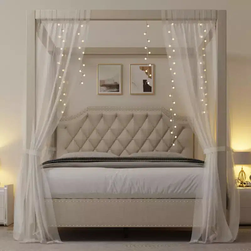 Upholstered Canopy Bed Frame Full Size with Headboard, Button Tufted, Nailhead Trim Design, No Box Spring Required