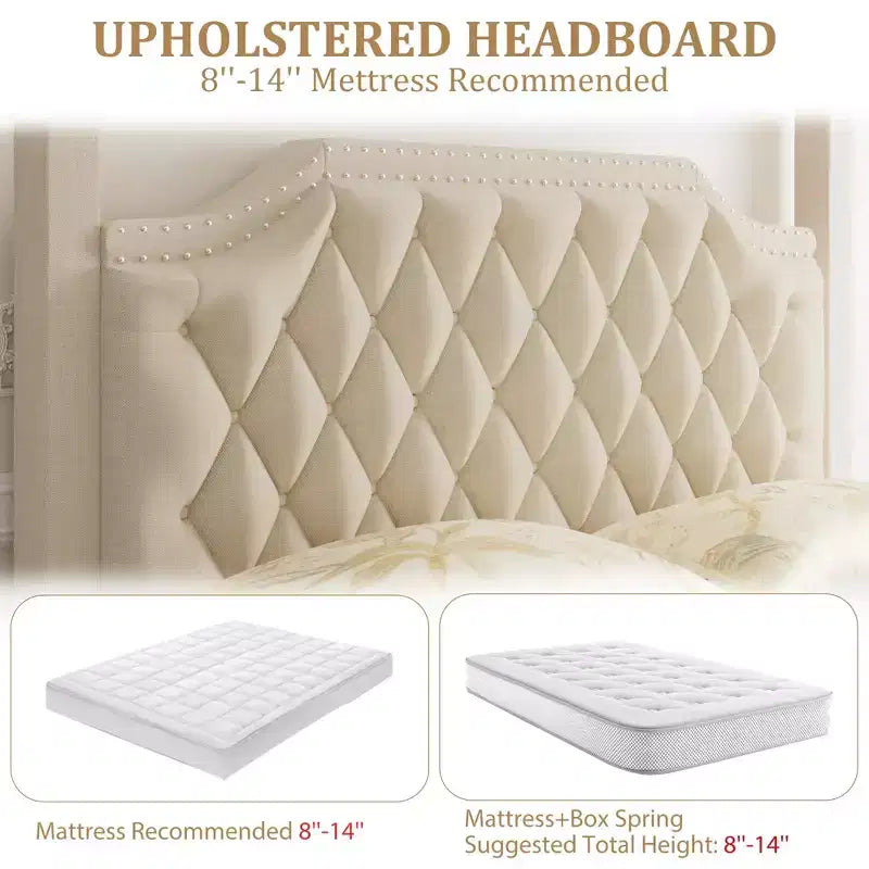 Upholstered Canopy Bed Frame Full Size with Headboard, Button Tufted, Nailhead Trim Design, No Box Spring Required
