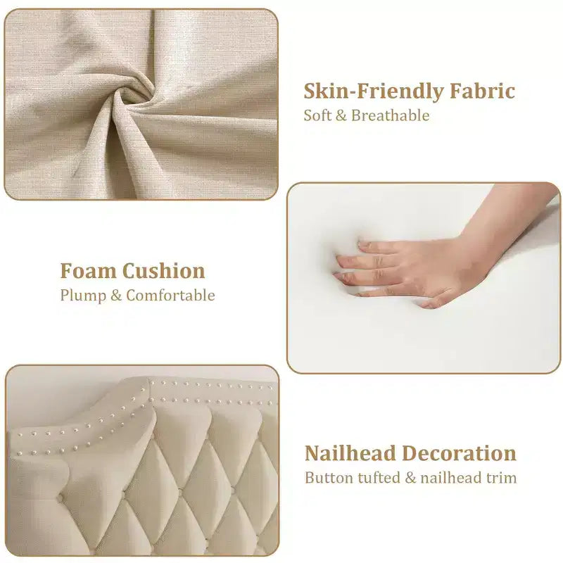 Upholstered Canopy Bed Frame Full Size with Headboard, Button Tufted, Nailhead Trim Design, No Box Spring Required