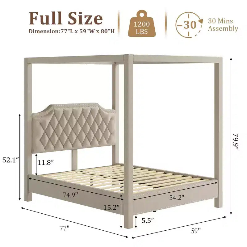 Upholstered Canopy Bed Frame Full Size with Headboard, Button Tufted, Nailhead Trim Design, No Box Spring Required