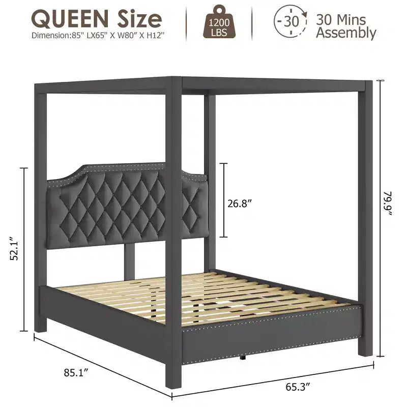 Upholstered Canopy Bed Frame Full Size with Headboard, Button Tufted, Nailhead Trim Design, No Box Spring Required