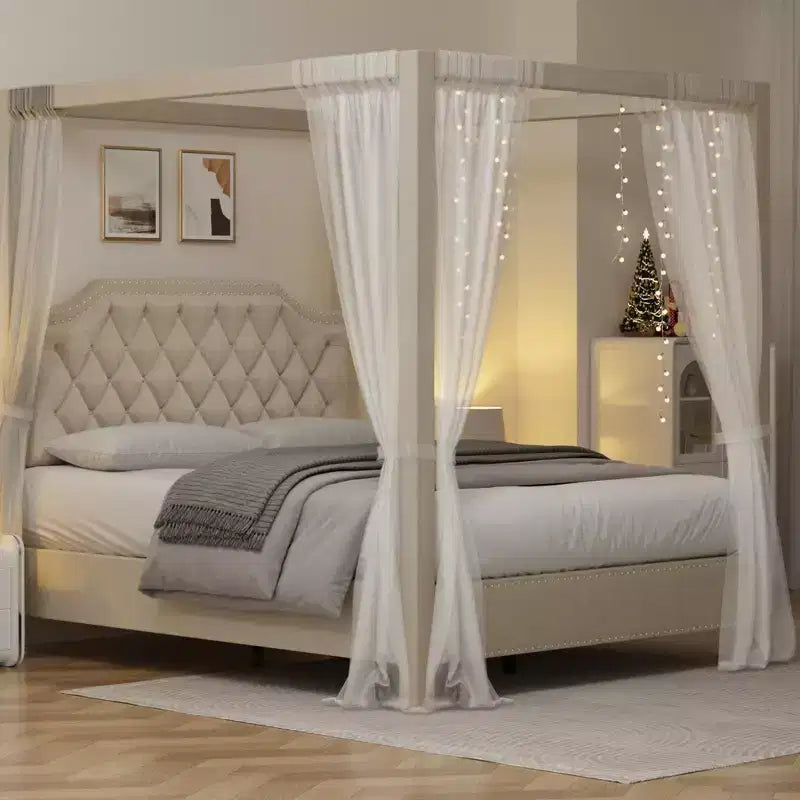 Upholstered Canopy Bed Frame Full Size with Headboard, Button Tufted, Nailhead Trim Design, No Box Spring Required