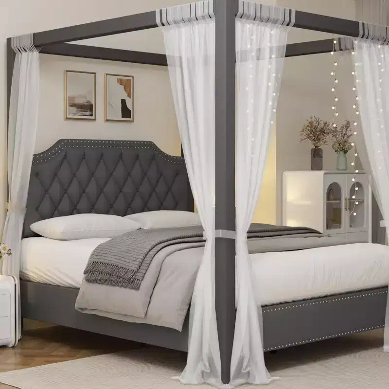 Upholstered Canopy Bed Frame Full Size with Headboard, Button Tufted, Nailhead Trim Design, No Box Spring Required