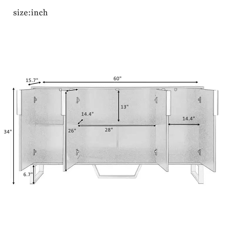 Sideboard Cabinet with 4 Doors, Adjustable Shelves, Metal Handles and Legs for Living Room, White