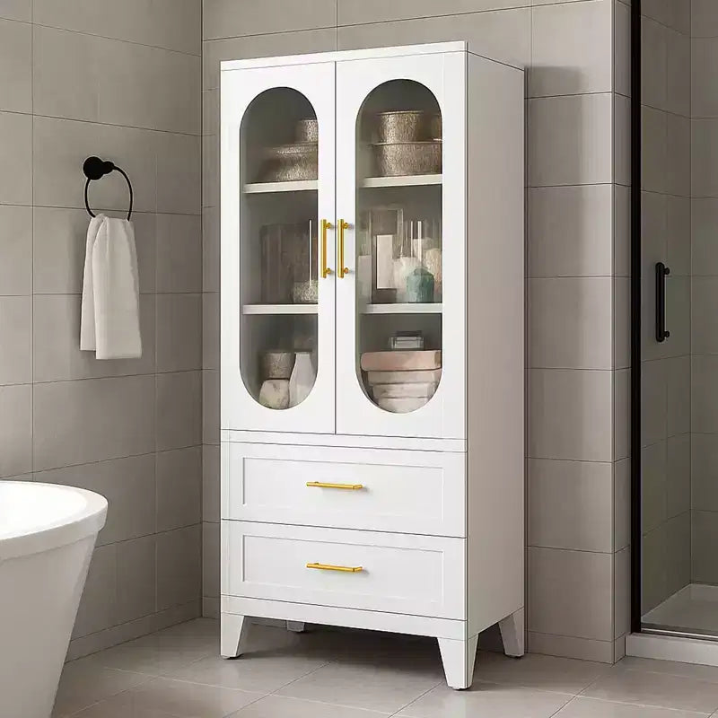 73" Tall Kitchen Pantry Cabinet with 2 Drawers & Glass Doors — Metal Storage Cabinet for Bathroom, Office, Dining & Living Room