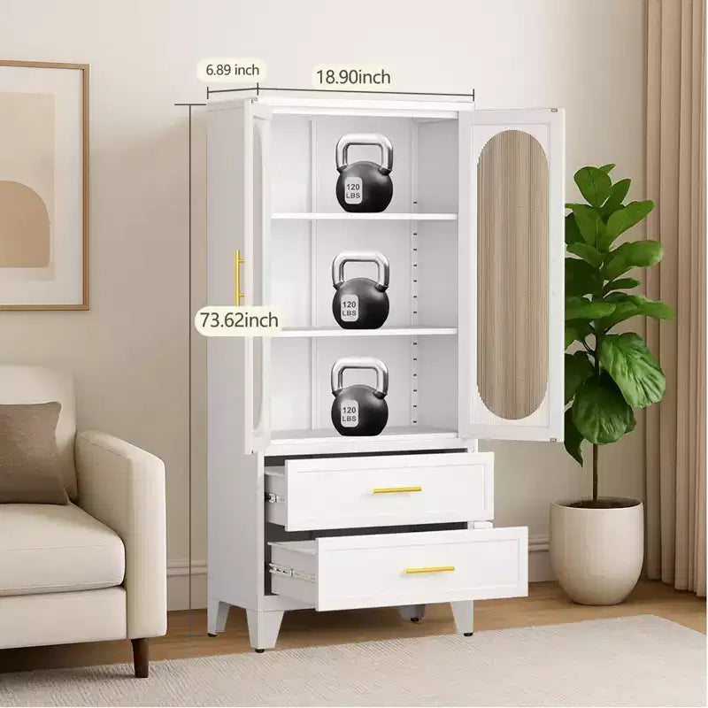 73" Tall Kitchen Pantry Cabinet with 2 Drawers & Glass Doors — Metal Storage Cabinet for Bathroom, Office, Dining & Living Room