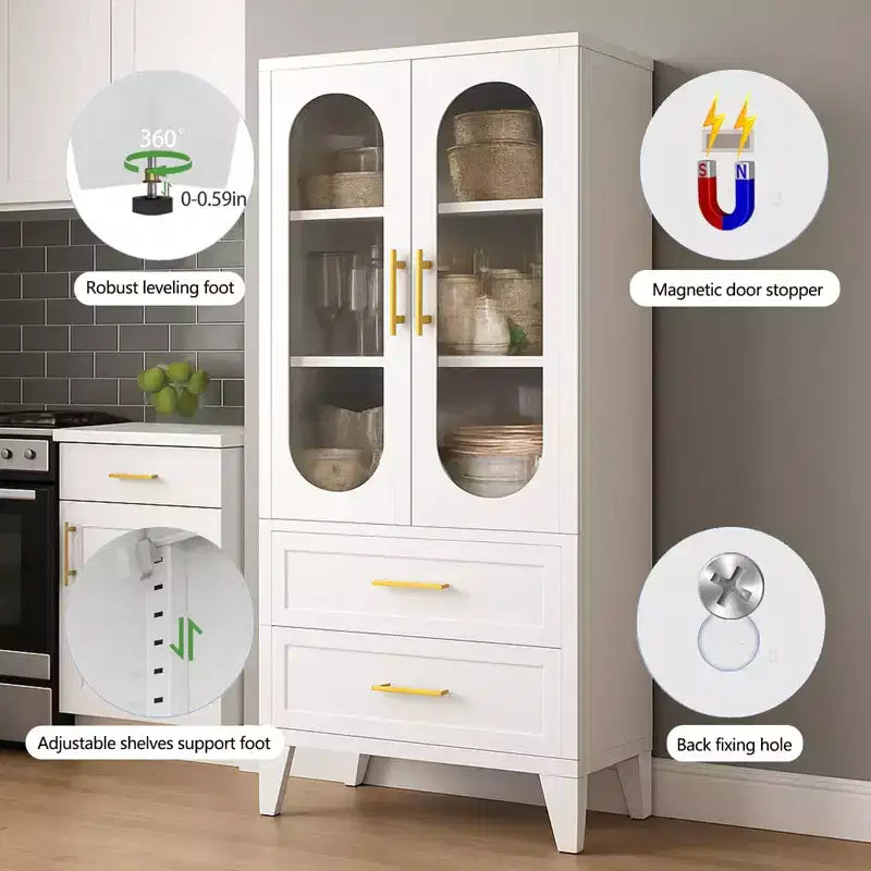 73" Tall Kitchen Pantry Cabinet with 2 Drawers & Glass Doors — Metal Storage Cabinet for Bathroom, Office, Dining & Living Room