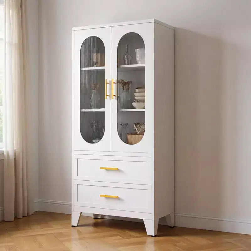 73" Tall Kitchen Pantry Cabinet with 2 Drawers & Glass Doors — Metal Storage Cabinet for Bathroom, Office, Dining & Living Room