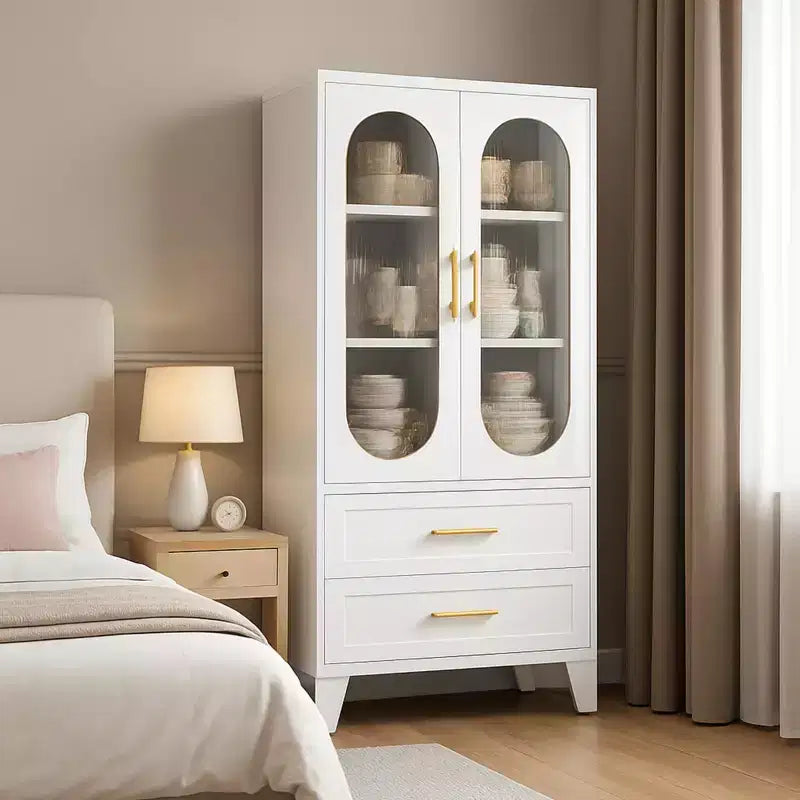 73" Tall Kitchen Pantry Cabinet with 2 Drawers & Glass Doors — Metal Storage Cabinet for Bathroom, Office, Dining & Living Room
