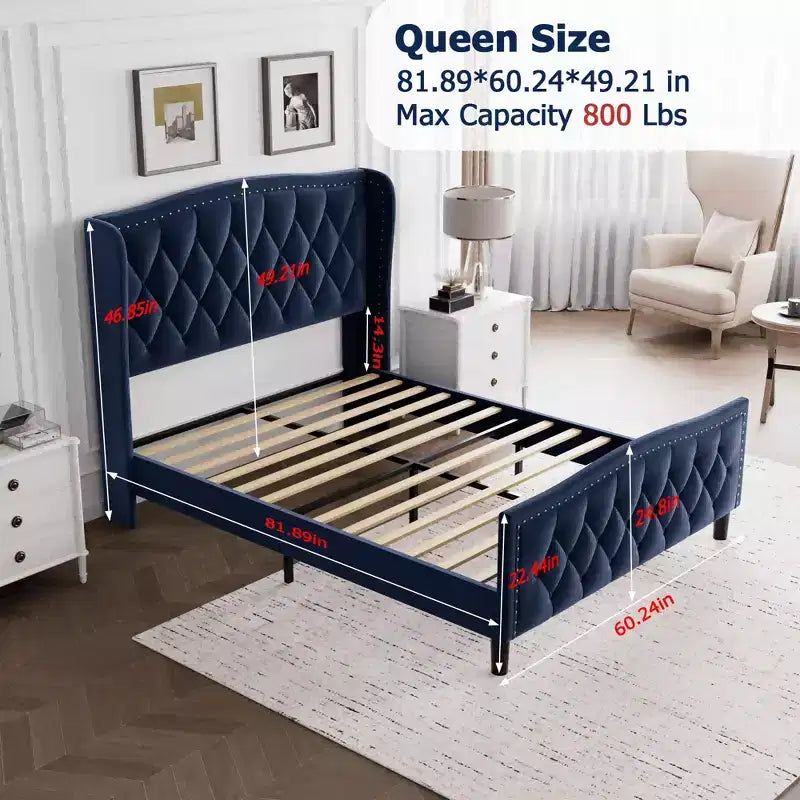 Platform Bed with Velvet Upholstered Wingback Headboard - Wooden Slat Support, No Box Spring Needed, Easy Assembly