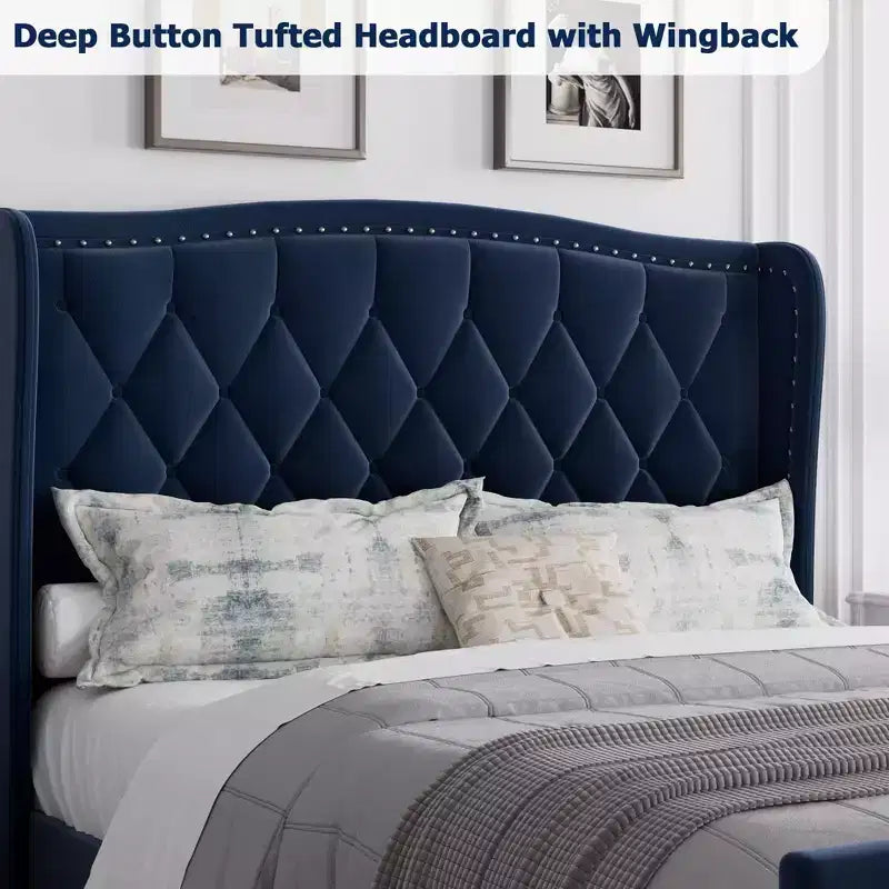 Platform Bed with Velvet Upholstered Wingback Headboard - Wooden Slat Support, No Box Spring Needed, Easy Assembly
