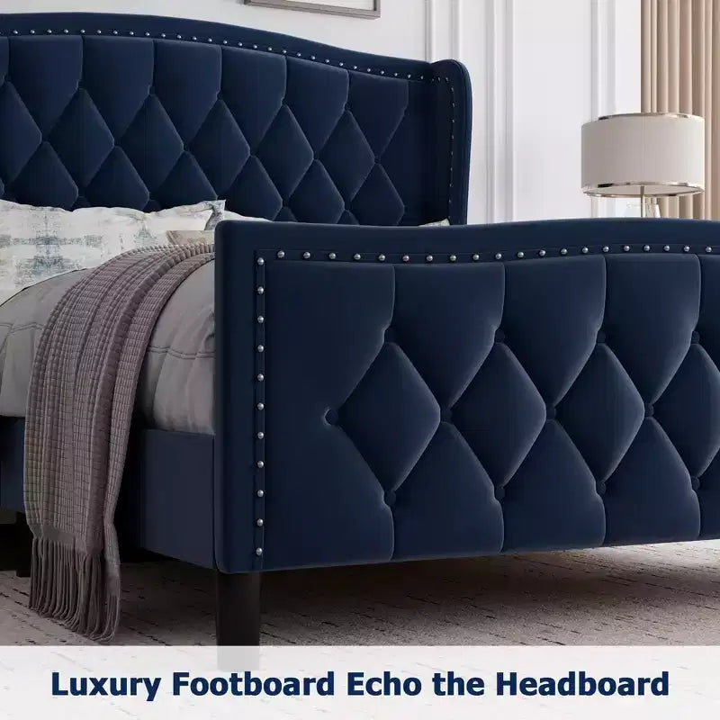 Platform Bed with Velvet Upholstered Wingback Headboard - Wooden Slat Support, No Box Spring Needed, Easy Assembly