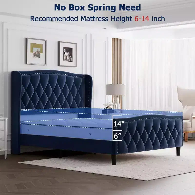 Platform Bed with Velvet Upholstered Wingback Headboard - Wooden Slat Support, No Box Spring Needed, Easy Assembly