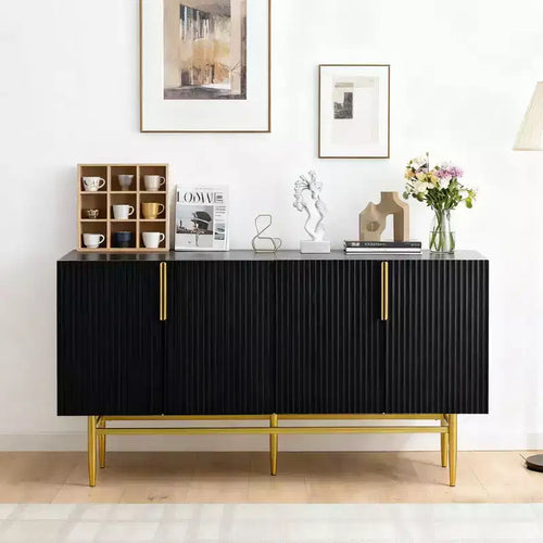 Hostack 4-Door Sideboard Cabinet with Gold Metal Handles and Elegant Storage for Dining and Living Room, Black