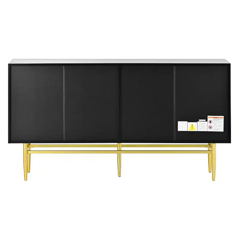 4-Door Sideboard Cabinet with Gold Metal Handles and Elegant Storage for Dining and Living Room, Black