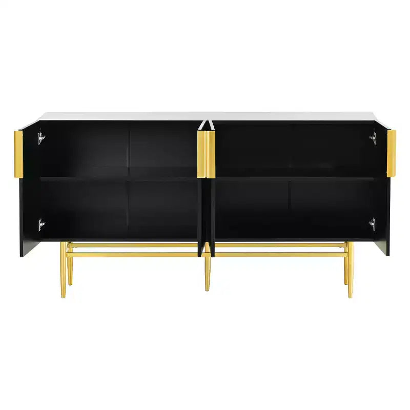 4-Door Sideboard Cabinet with Gold Metal Handles and Elegant Storage for Dining and Living Room, Black