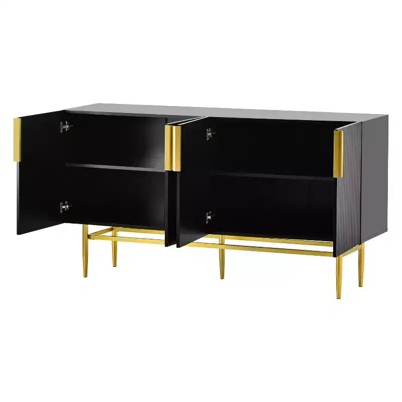 4-Door Sideboard Cabinet with Gold Metal Handles and Elegant Storage for Dining and Living Room, Black