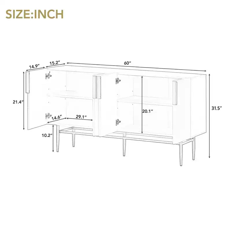 4-Door Sideboard Cabinet with Gold Metal Handles and Elegant Storage for Dining and Living Room, Black