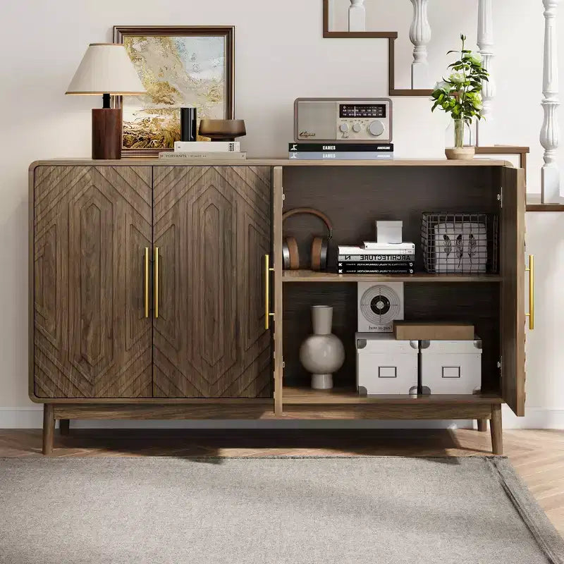 Sideboard Buffet Cabinet, Accent Cabinet with 4 Doors and 4 Adjustable Shelves, Storage Cabinet for Living Room, Entryway, Hallway, Nature
