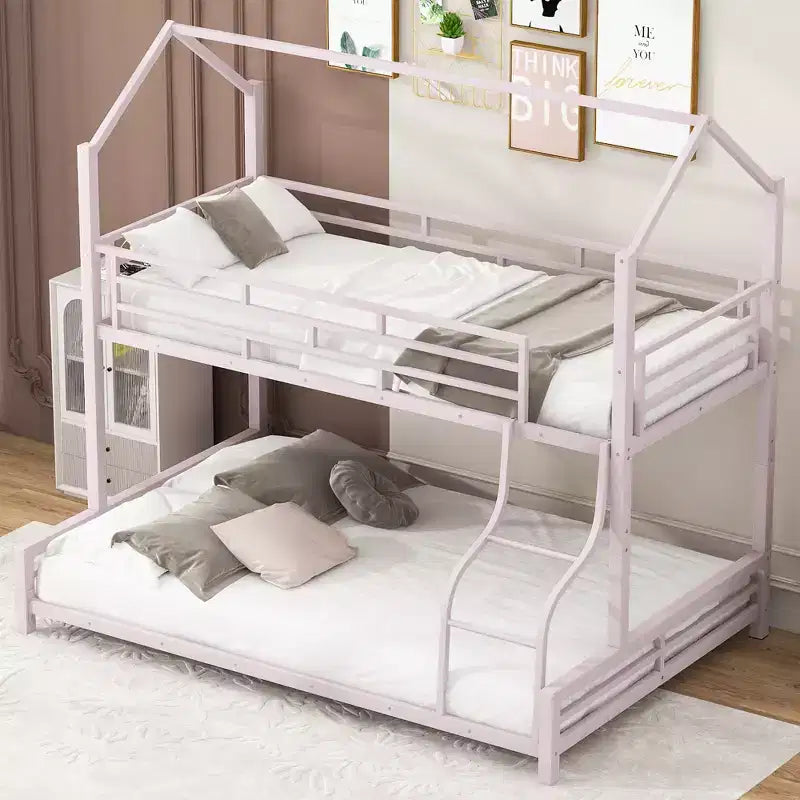 Twin over Full Metal Bunk Bed with Ladder and Safety Guardrails, Pink