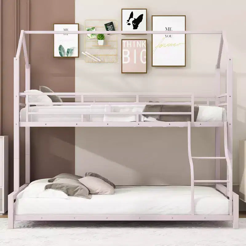 Twin over Full Metal Bunk Bed with Ladder and Safety Guardrails, Pink