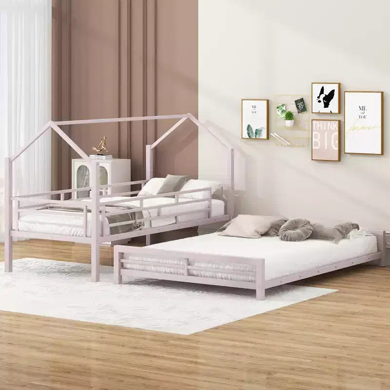 Twin over Full Metal Bunk Bed with Ladder and Safety Guardrails, Pink