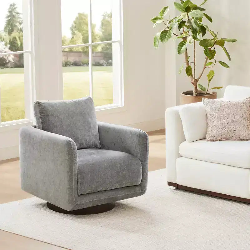 Modern Swivel Accent Chair with Loose Back Cushion, Dove Gray Fabric