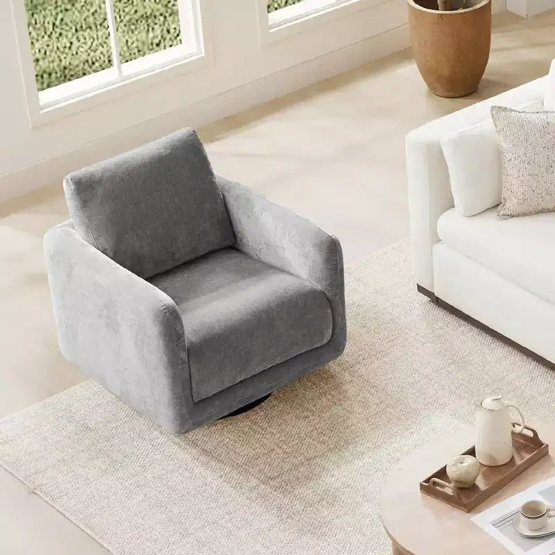 Modern Swivel Accent Chair with Loose Back Cushion, Dove Gray Fabric