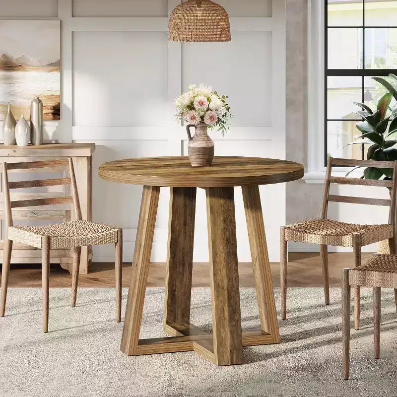 Small Round Dining Table for 2-4, 31.5 Inches Farmhouse Kitchen Table for Small Space, Dining Room, Kitchen, Apartment, Rustic Brown