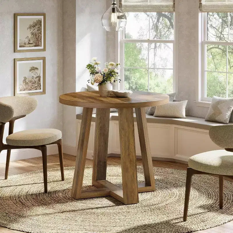 Small Round Dining Table for 2-4, 31.5 Inches Farmhouse Kitchen Table for Small Space, Dining Room, Kitchen, Apartment, Rustic Brown
