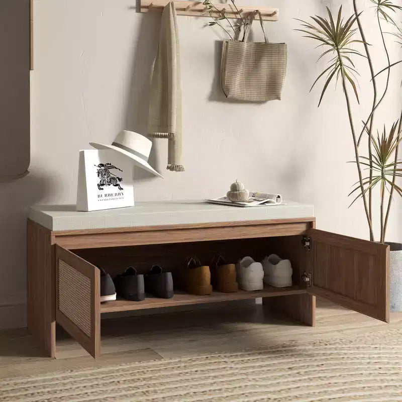 Entryway Shoe Storage Bench with Faux Rattan Doors and Removable Cushion Seat