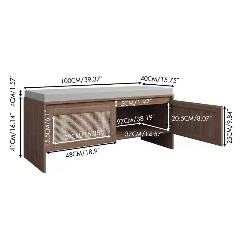 Entryway Shoe Storage Bench with Faux Rattan Doors and Removable Cushion Seat