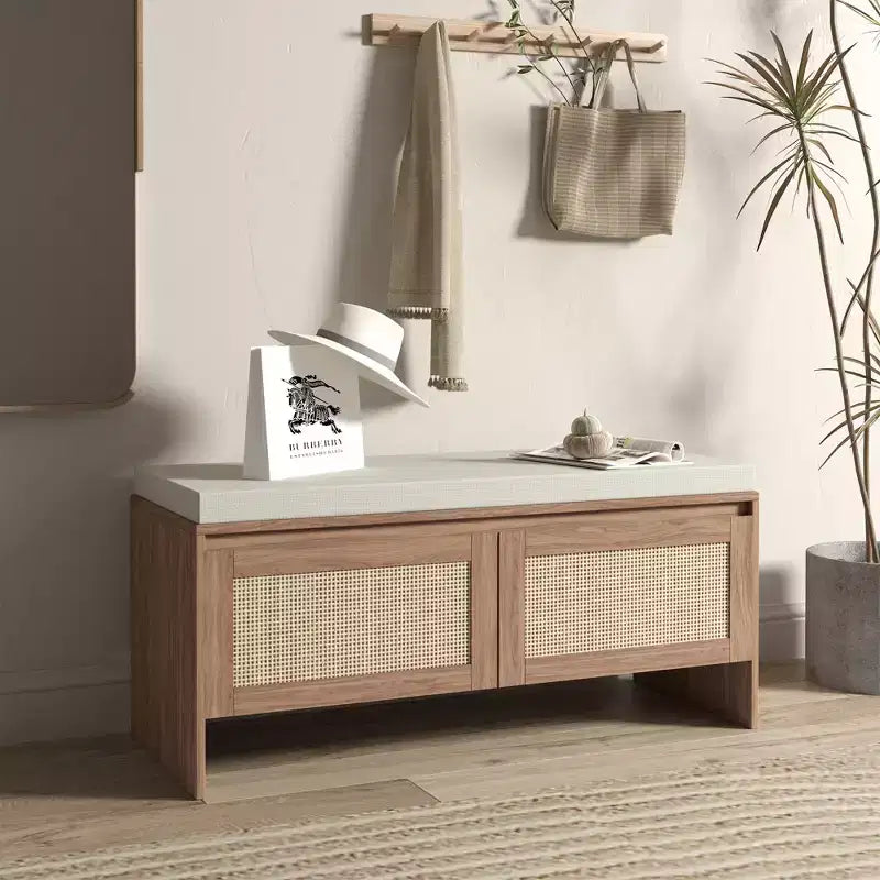 Entryway Shoe Storage Bench with Faux Rattan Doors and Removable Cushion Seat