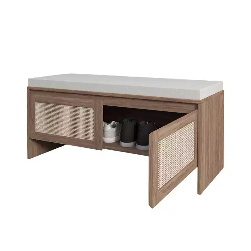 Entryway Shoe Storage Bench with Faux Rattan Doors and Removable Cushion Seat