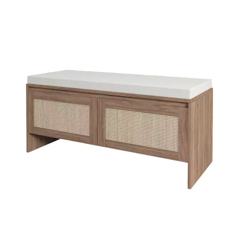 Entryway Shoe Storage Bench with Faux Rattan Doors and Removable Cushion Seat