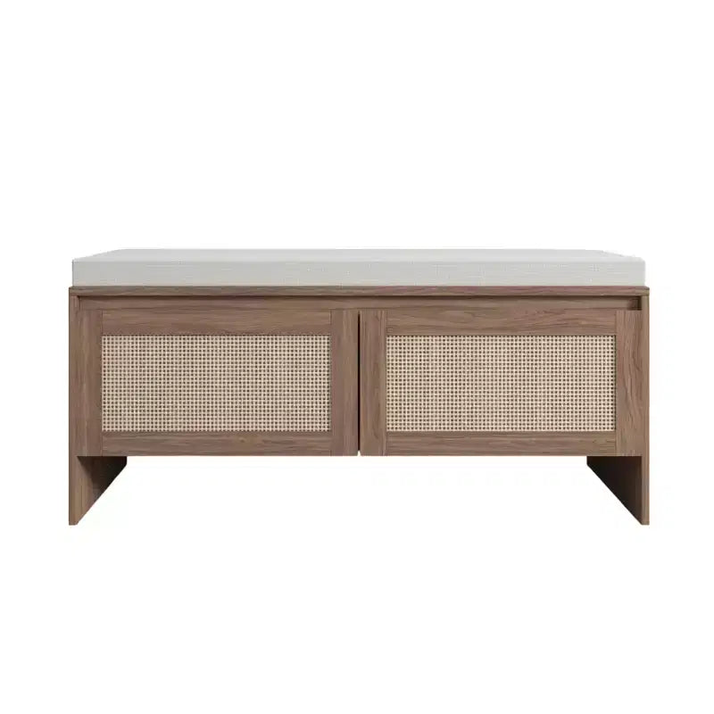 Entryway Shoe Storage Bench with Faux Rattan Doors and Removable Cushion Seat