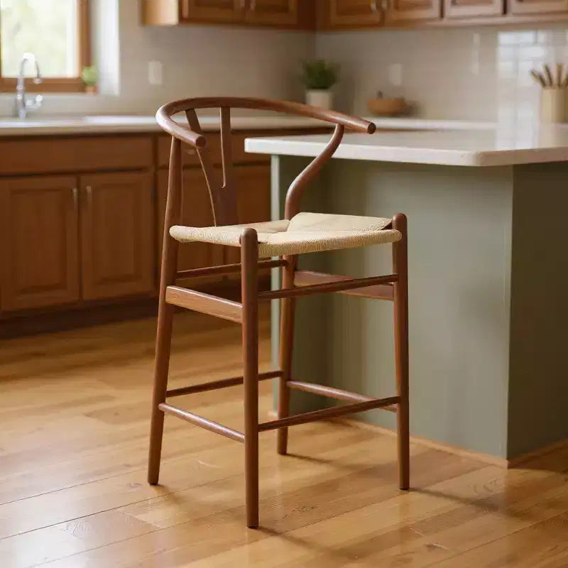 27 Beige and Walnut Solid Wood Counter Height Bar Chair