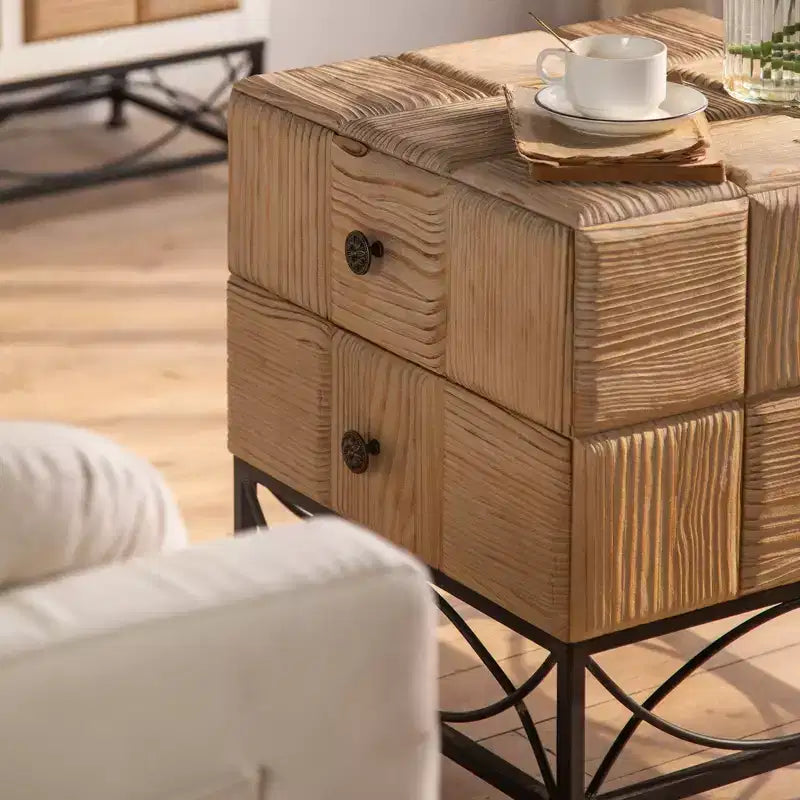 Retro Square Coffee Table With 2 Drawers – Small Splicing Design Center Table for Living Room, Dining Room & Office
